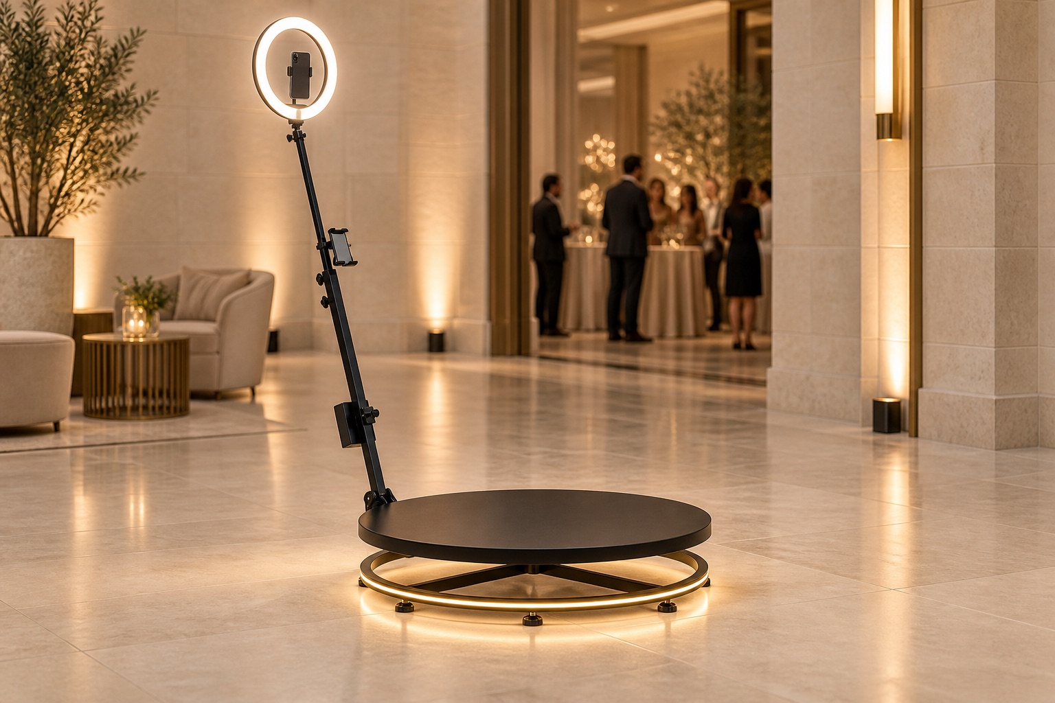 AI concept of the open-base black 360 booth, LED trim and ring-light camera arm in a contemporary event venue
